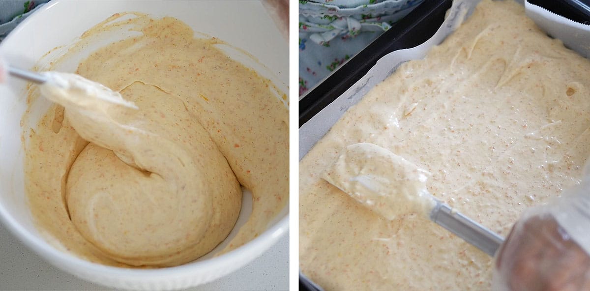 Carrot flour mixture being spread into a parchment paper lined pan.