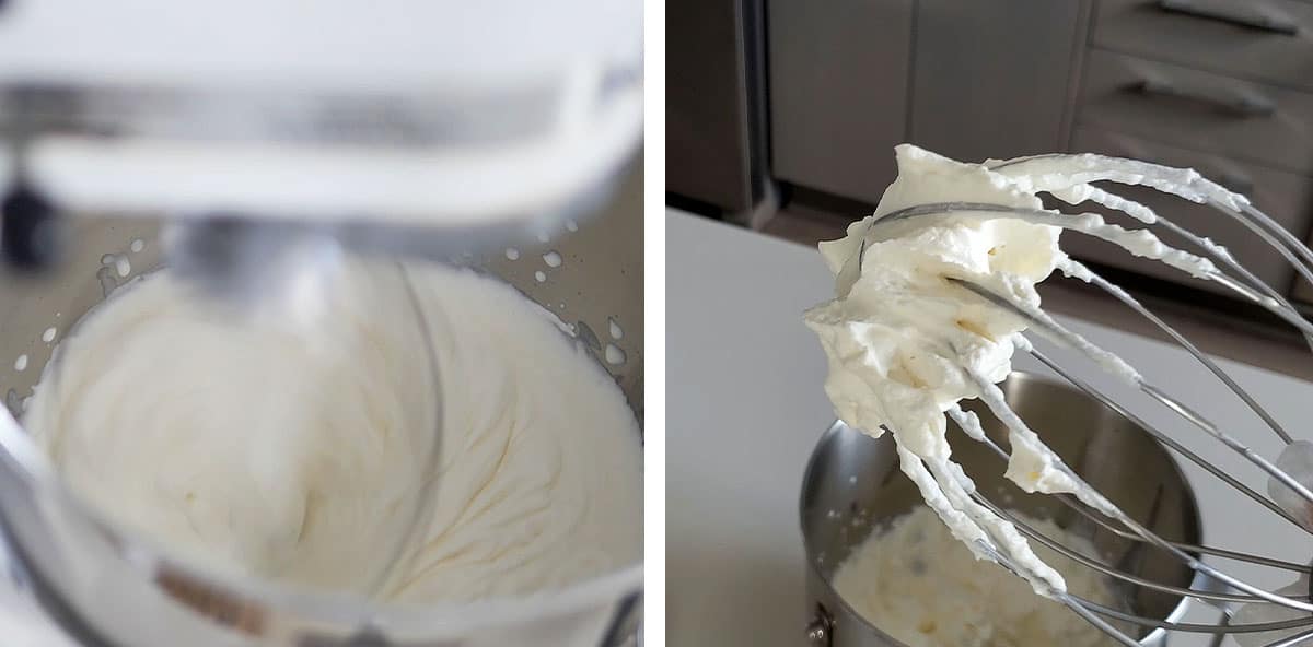 Marscapone cheese being mixed with sugar in a mixer.