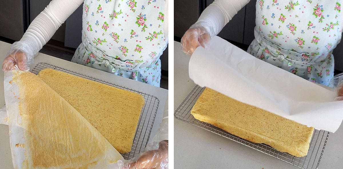 Parchment paper being removed from the bottom of the cake on a cooling rack.