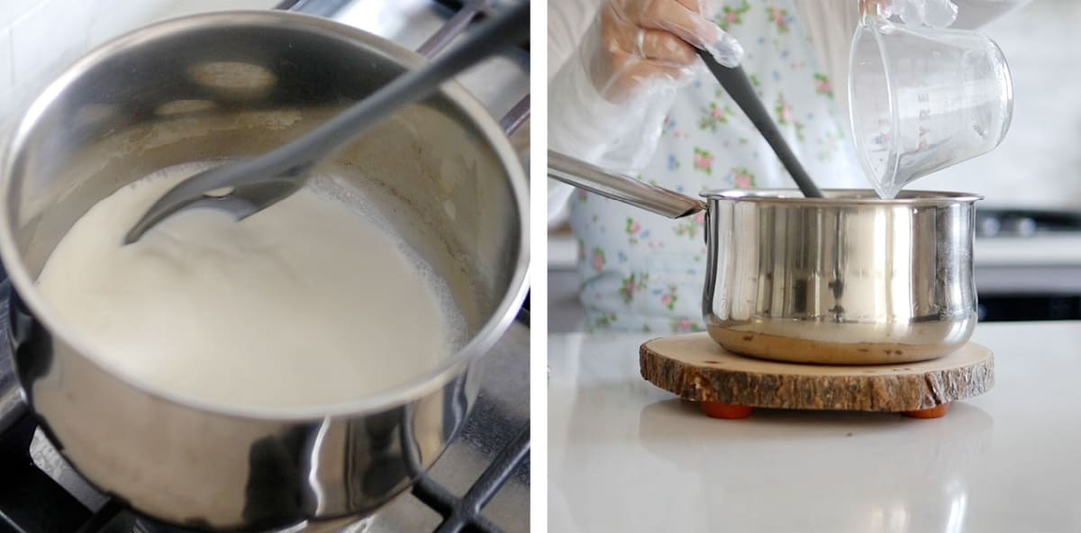 A pot of white cream being mixed.