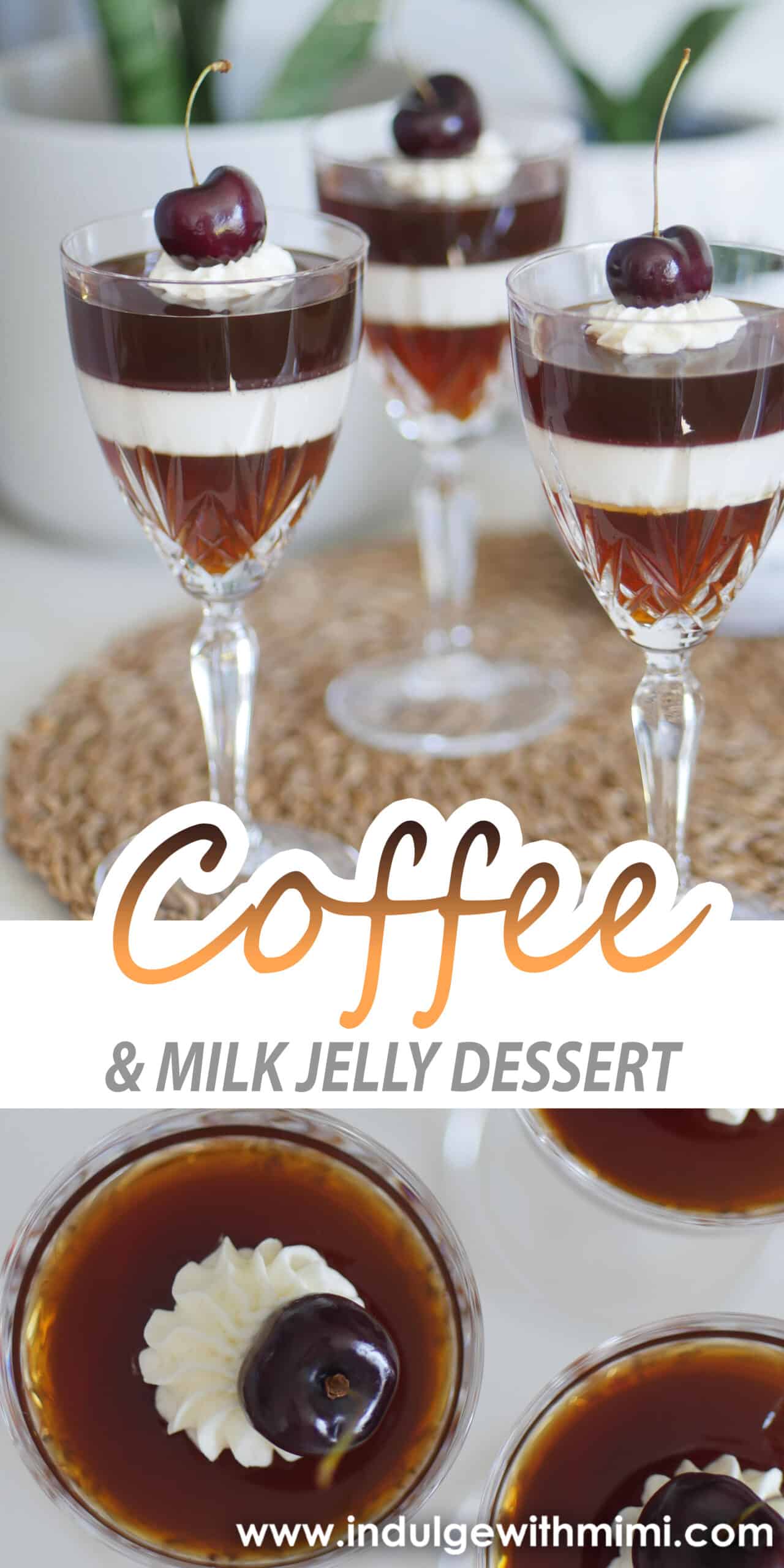 Three coffee and milk jelly desserts topped with whipped cream and a cherry inside of individual crystal glasses on a brown woven placemat.