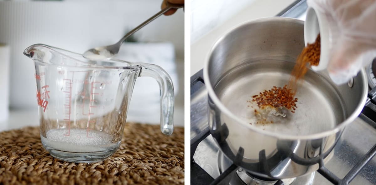 Instant coffee poured into a pot of water.