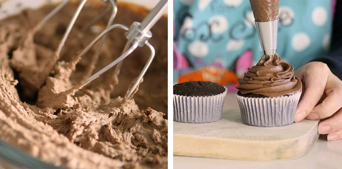 Chocolate frosting being piped onto the top of a chocolate cupcake