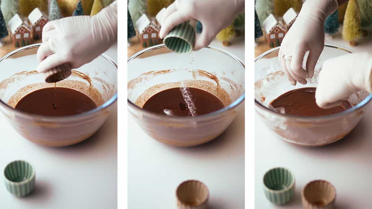 A series of 3 process shots are shown: vanilla being poured into a bowl with melted chocolate cream inside it; salt being added to the same bowl; finally plastic wrap being applied over the mixture.