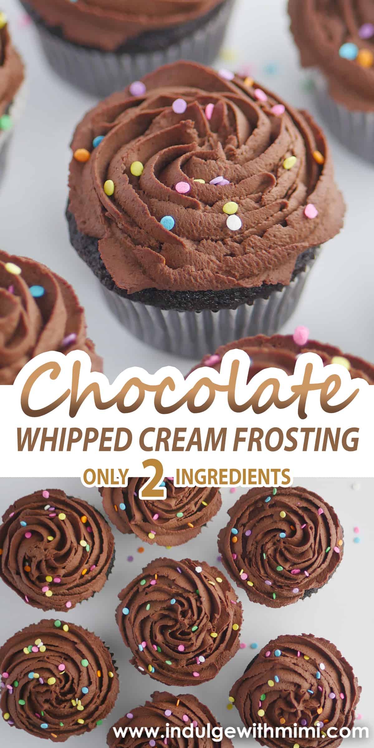 Chocolate whipped cream frosting two ingredient cupcake with rainbow sprinkles on top