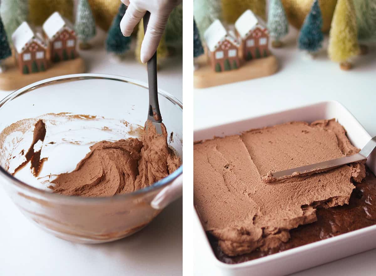 A bowl of whipped chocolate ganache in a bowl is being foded and then spread onto a sheet of brownie in a cake pan. 