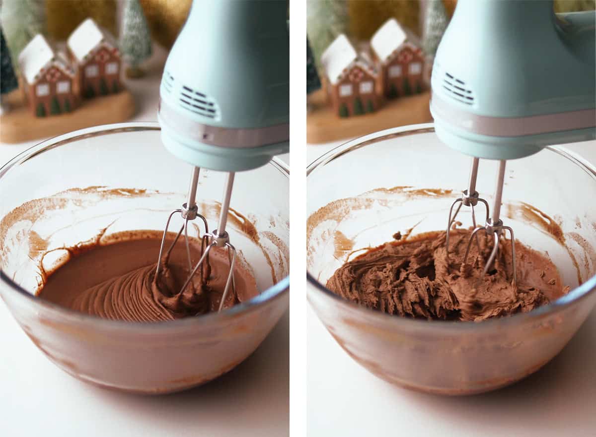 A bowl of chocolate cream being whipped until it looks fluffy and thick. 
