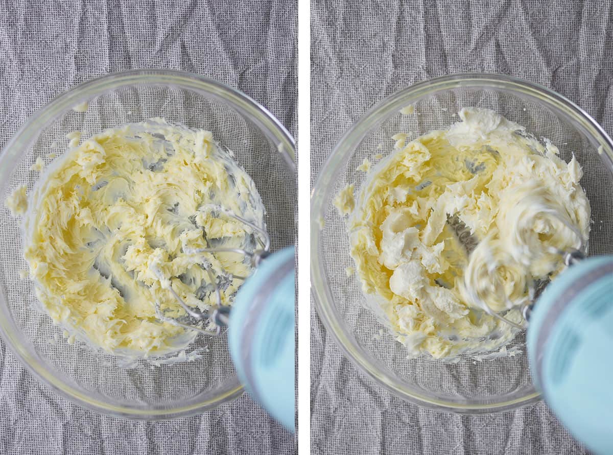 A mixer is whipping up butter and cream cheese together. 