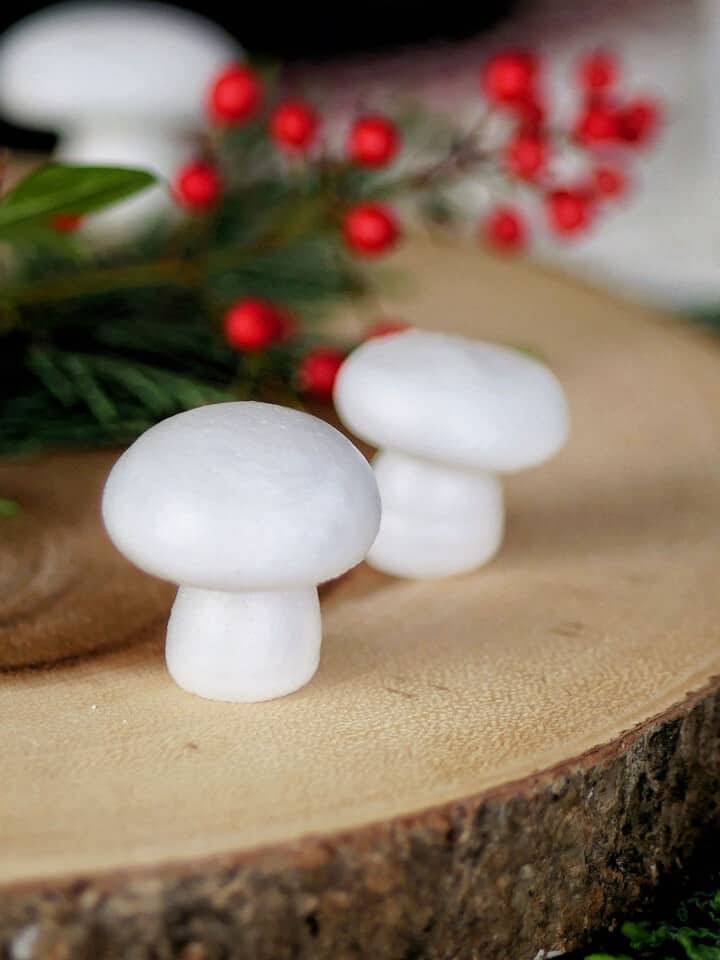 Meringue mushrooms on a wooden presentation plate with Christmas ferns in the back.