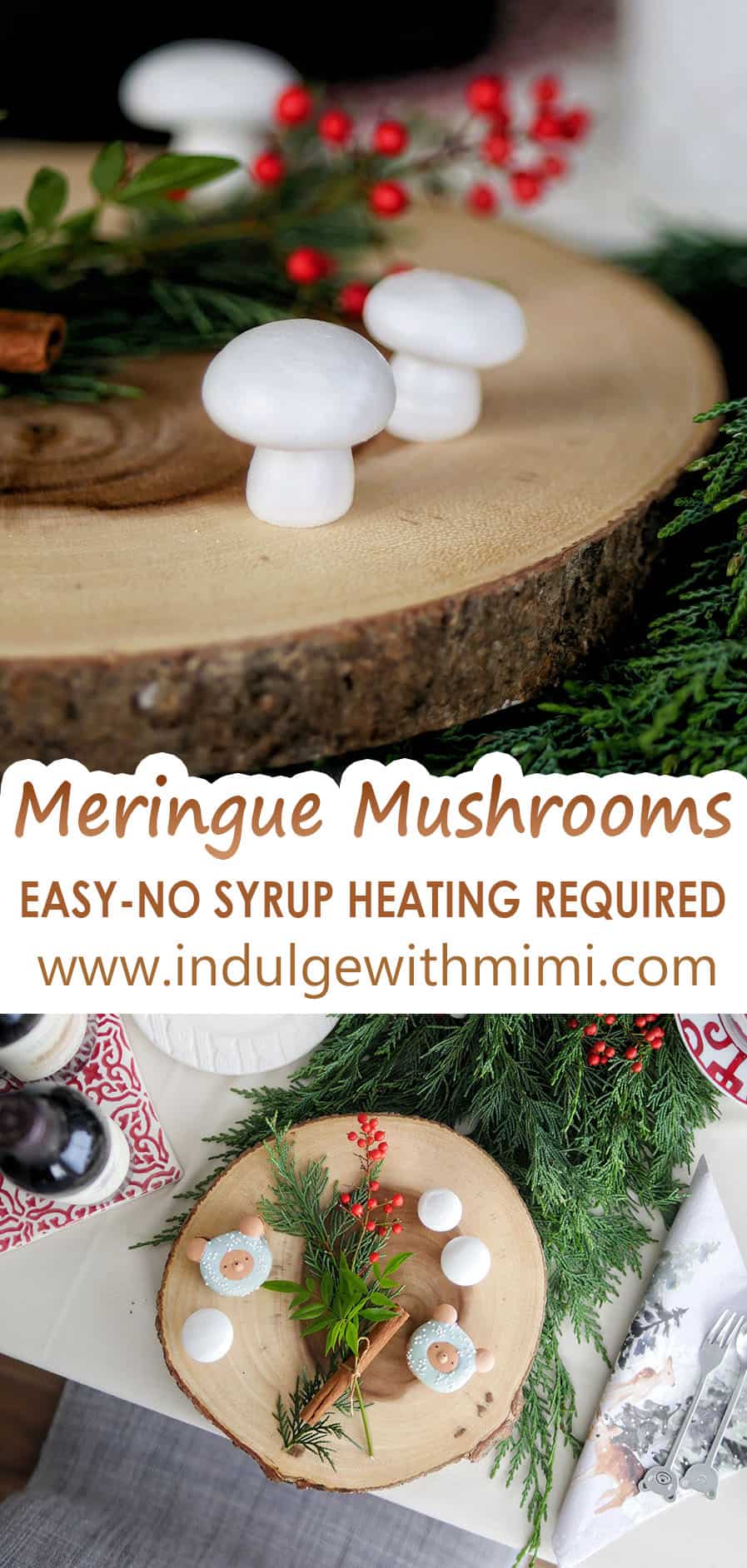 White meringue mushrooms on a wooden plate with Christmas decorations. 