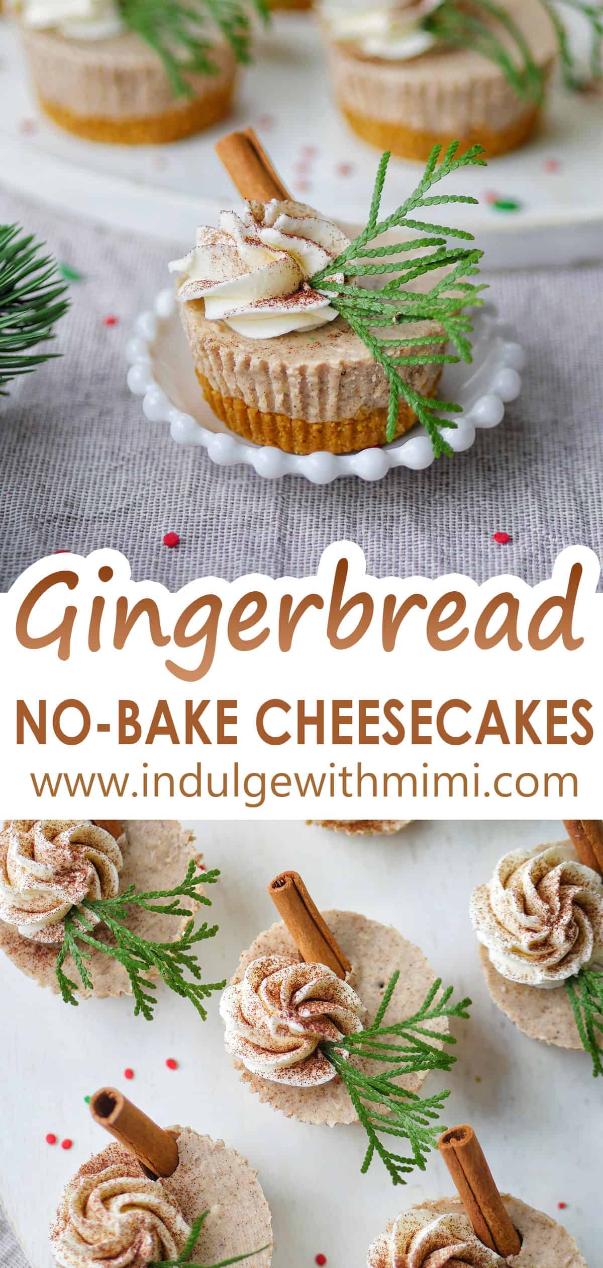 Close up of gingerbread cheesecake cups adorned with cinnamon stick and christmas sprigs.