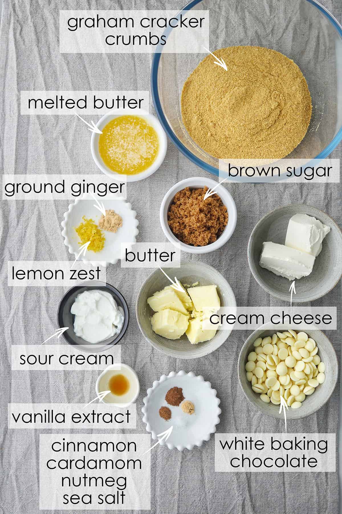 Ingredients for gingerbread spice cheesecake laid out on the counter. 