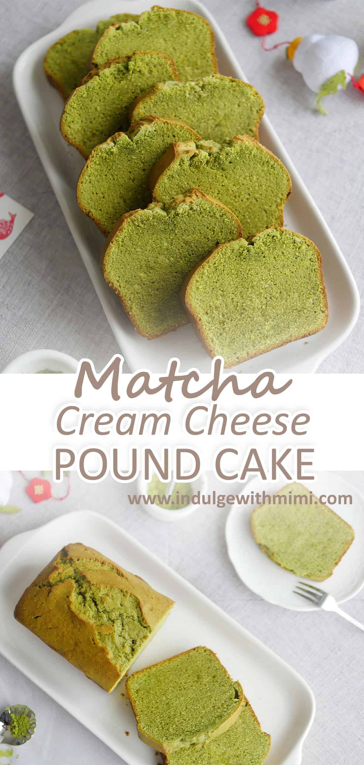 Many slices of matcha pound cake shown open faced on a long white plate. 