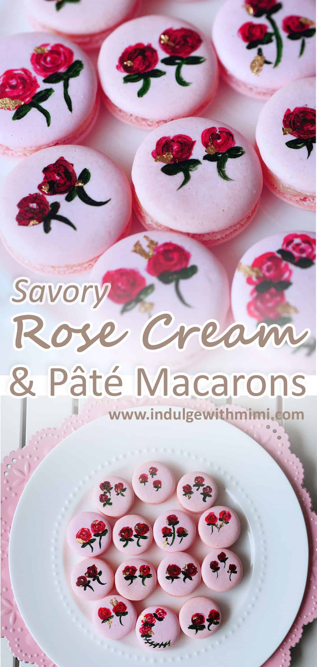 Macarons hand painted with roses filled with rose cream and duck pate on a plate. 