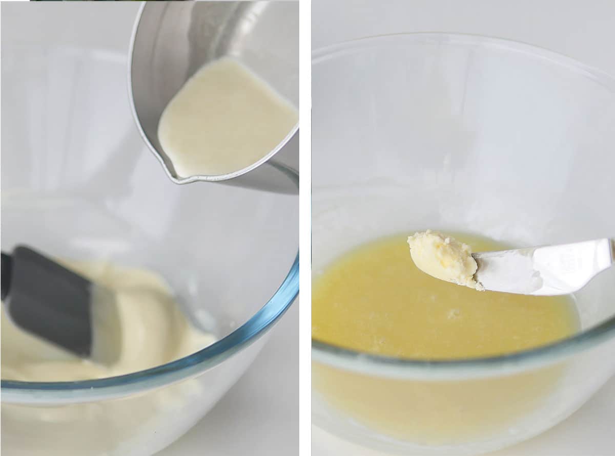 Cream being poured into white chocolate and then butter is added. 