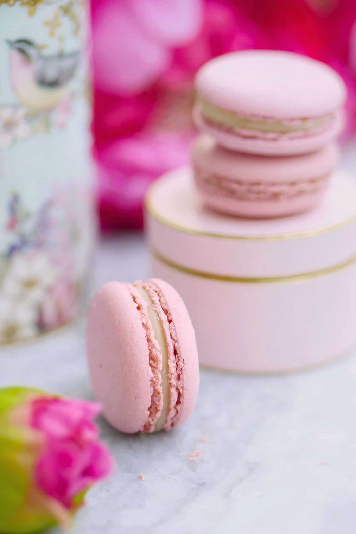 Close up of lychee macarons with two more perched onto a gift box at the back. 