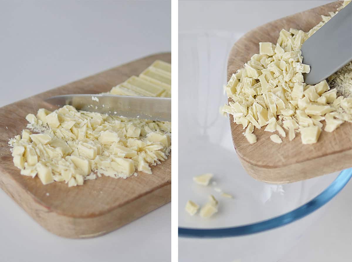 White chocolate cut into slivers and then poured into a mixing bowl.