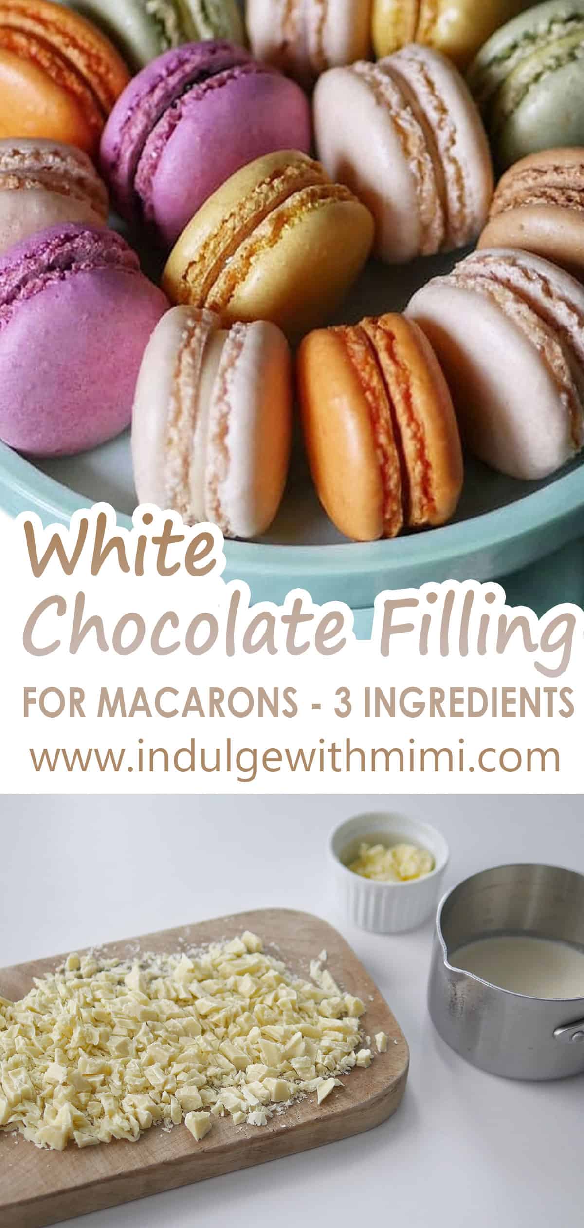 Macarons filled with white chocolate on a cake stand with some ingredients on the counter. 