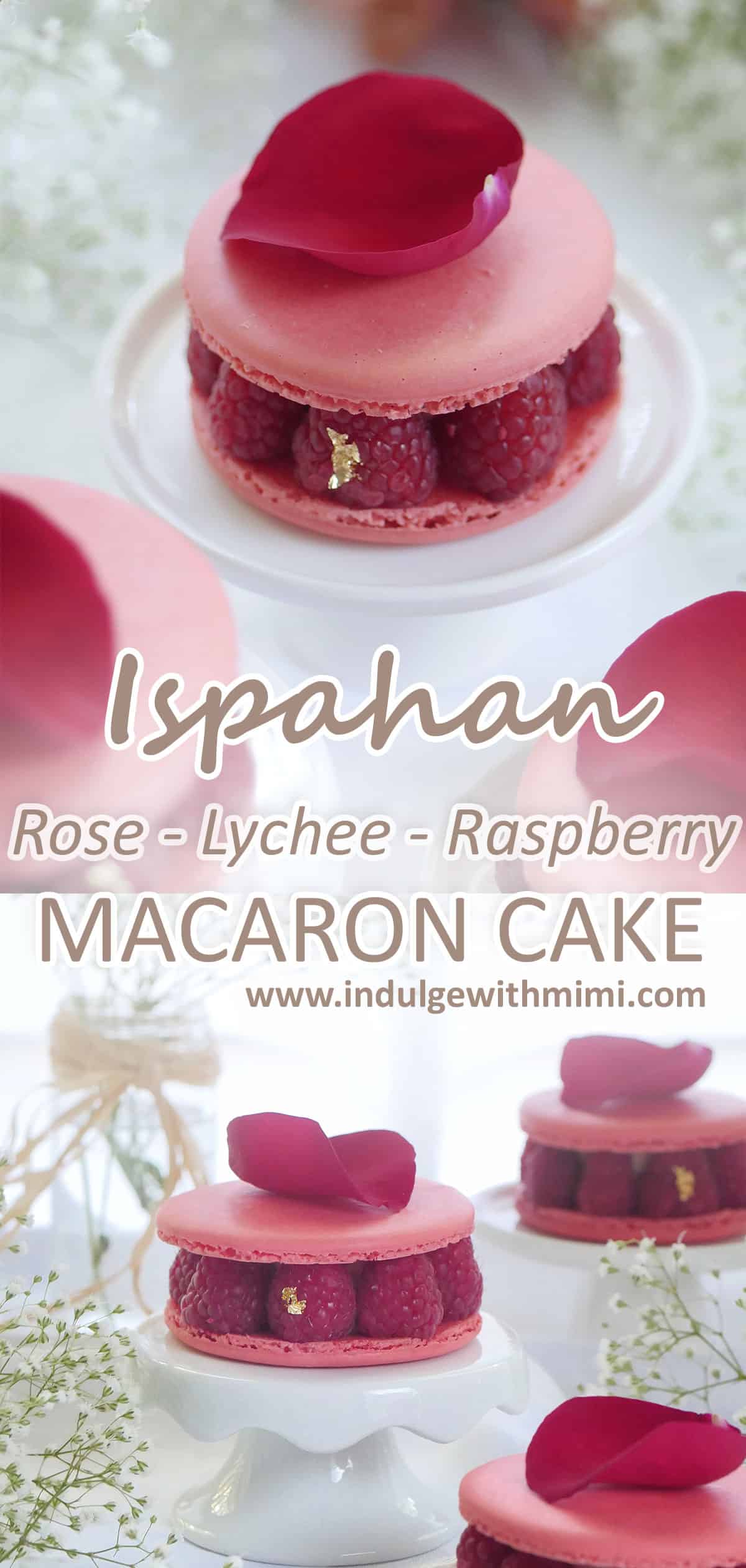 Big macaron cake filled with fresh raspberries with a rose petal on top. 