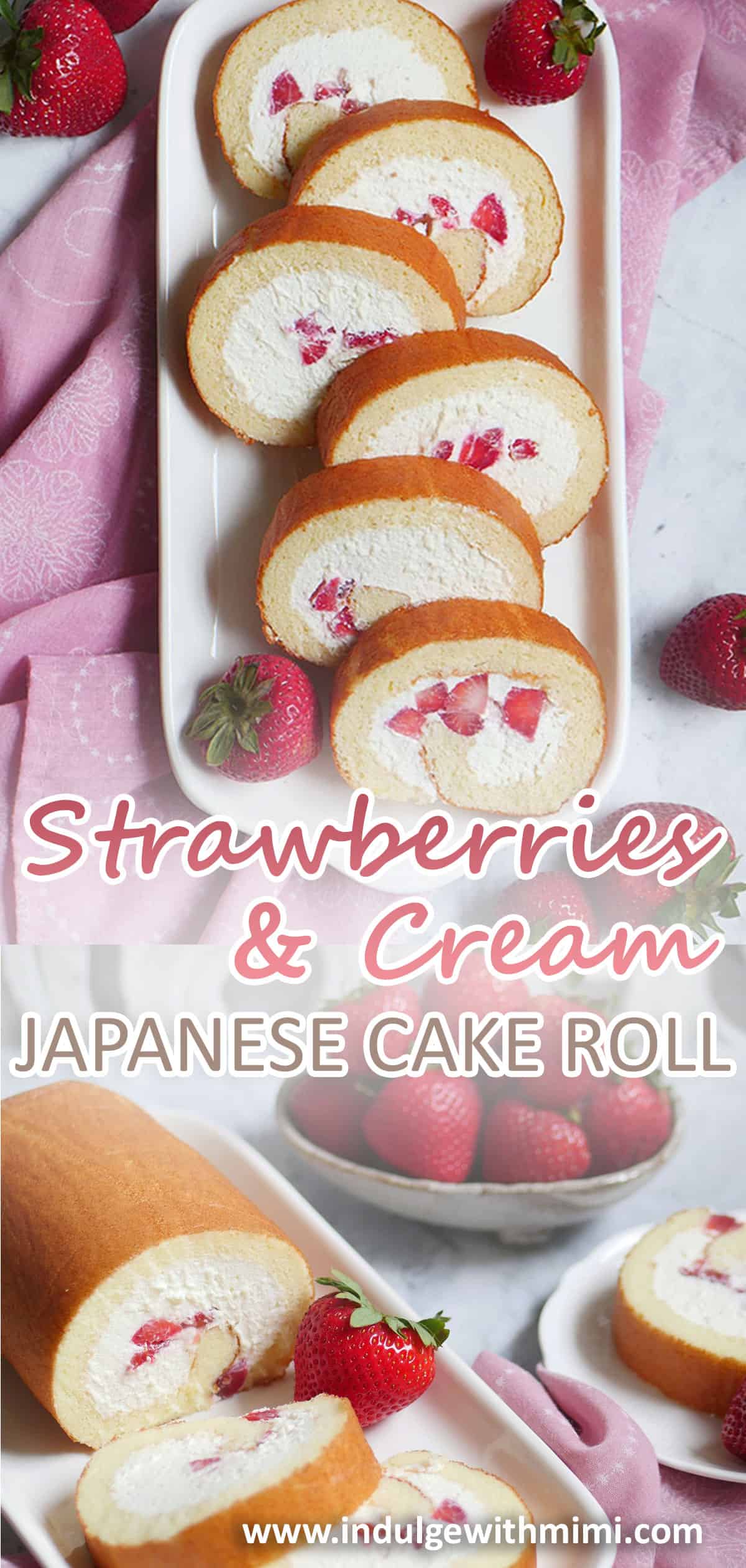 8 slices of strawberry cake roll cut open and presented on a long dish. 