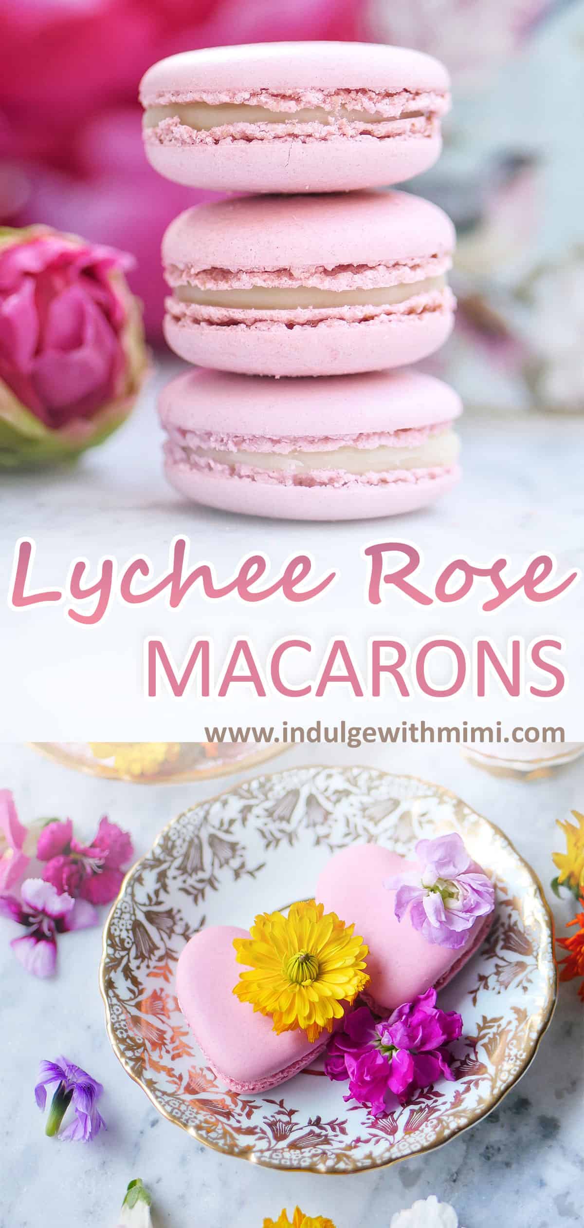 Stack of pink lychee rose macarons on a marble counter. 