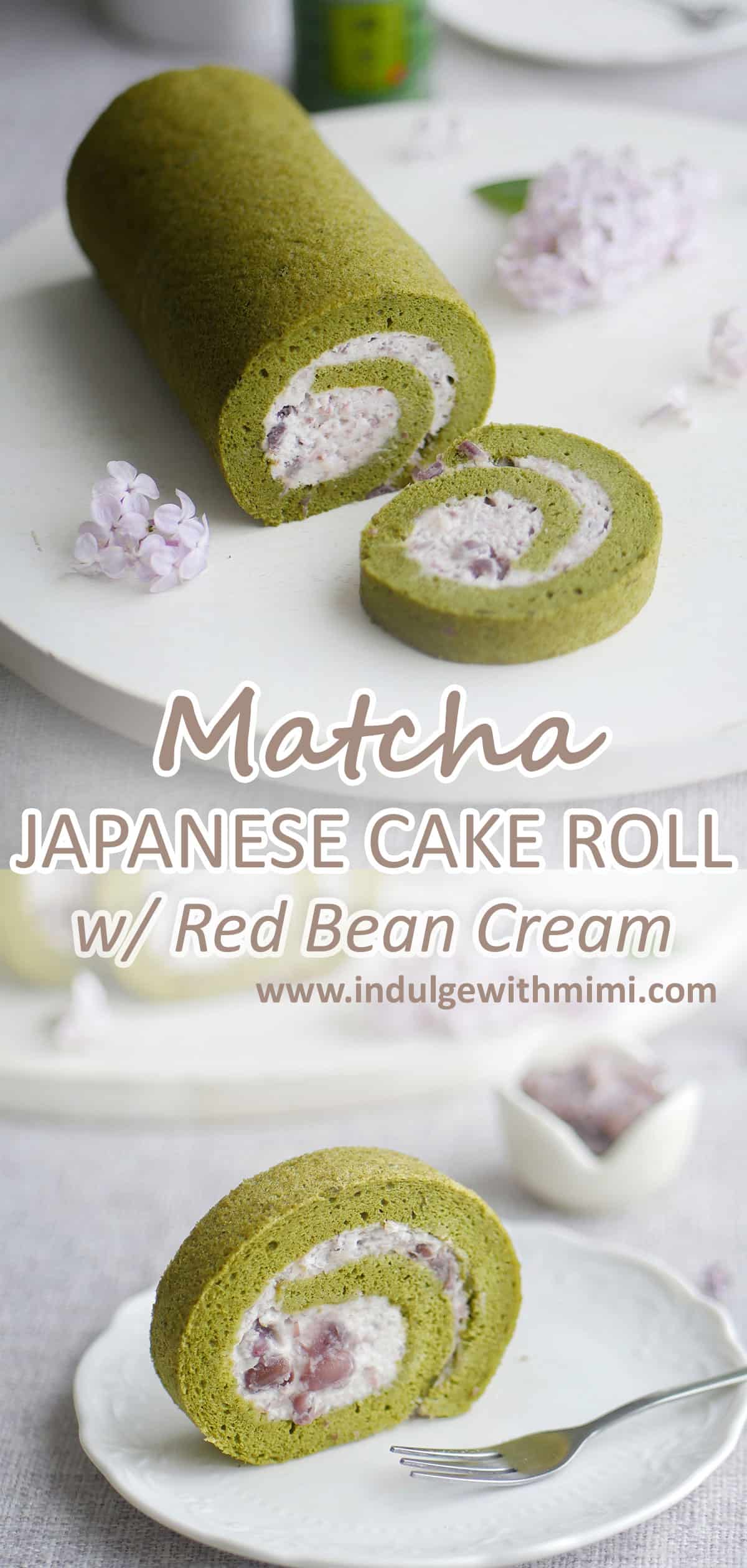 Japanese Matcha green tea chiffon cake roll on a cutting board with one slice cut out. 