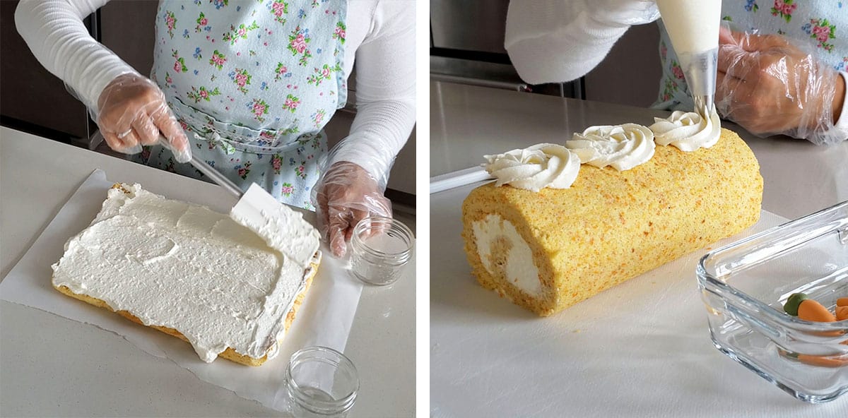 Left picture shows mascarpone whipped cream being spread out onto a cake layer. Right picture shows the cream being piped into flower pattern. 