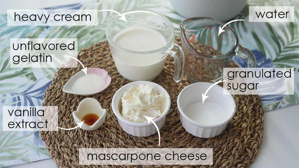 Mascarpone whipped cream ingredients on the counter. 