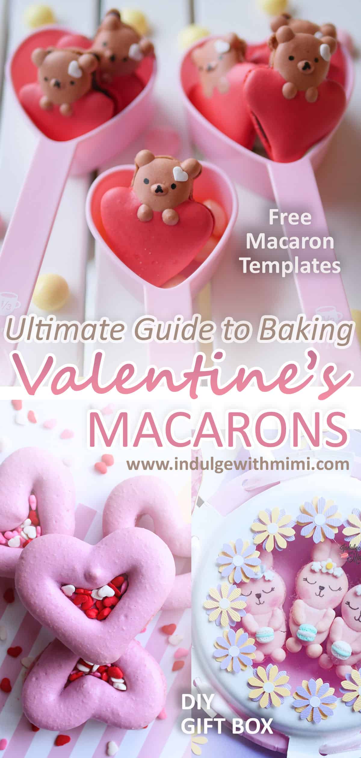 A variety of different Valentine's Day themed macarons plus DIY gift box for holding macarons. 