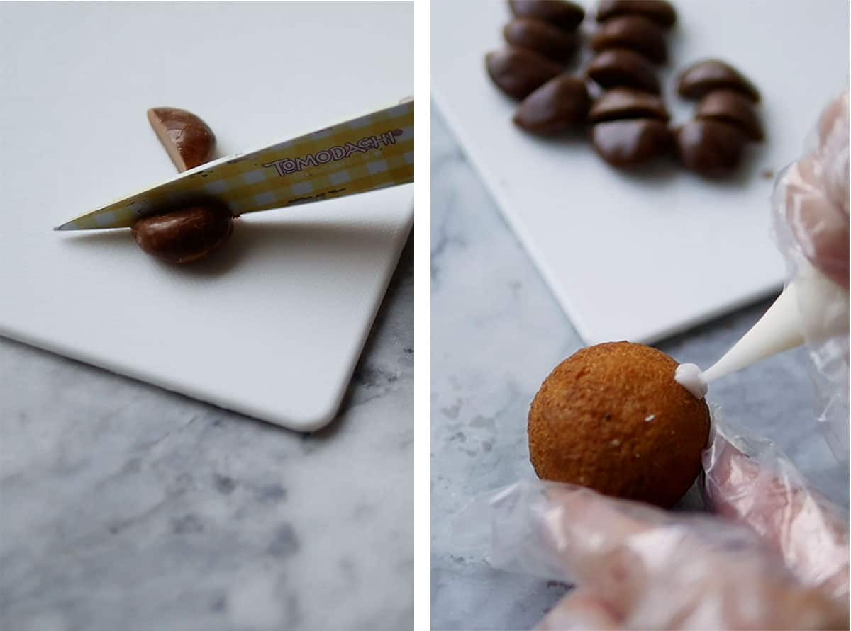 Knife cutting a chocolate caramel and edible glue being applied onto a donut hole. 