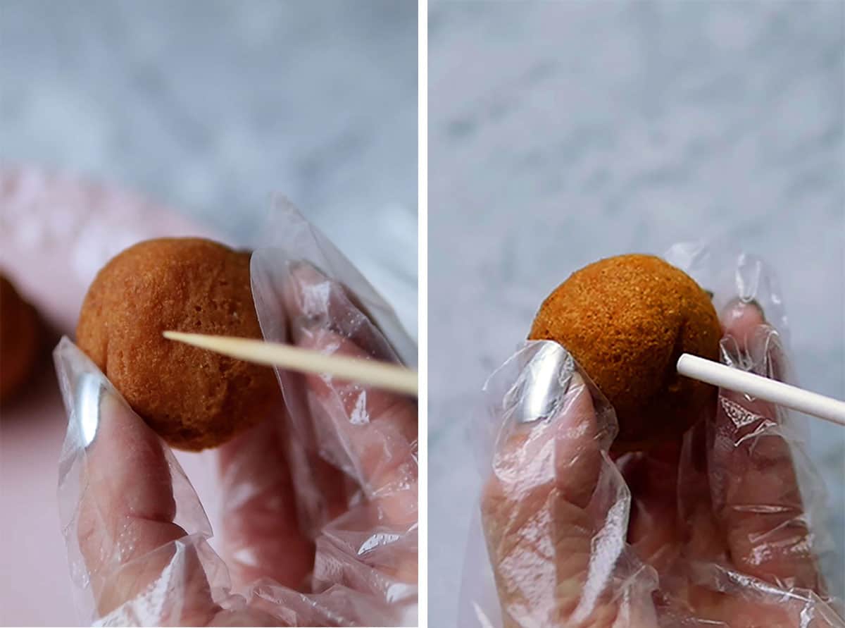A skewer is puncturing the bottom of the donut hole, the next picture is lollipop stick being inserted in the same hole. 
