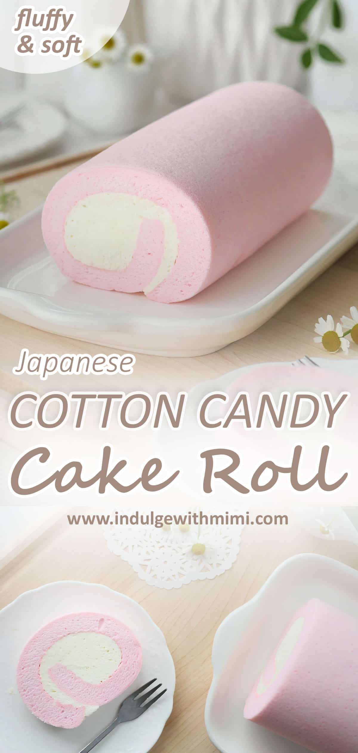 A soft pink swiss cake roll with one slice cut out and laid on a small plate. 