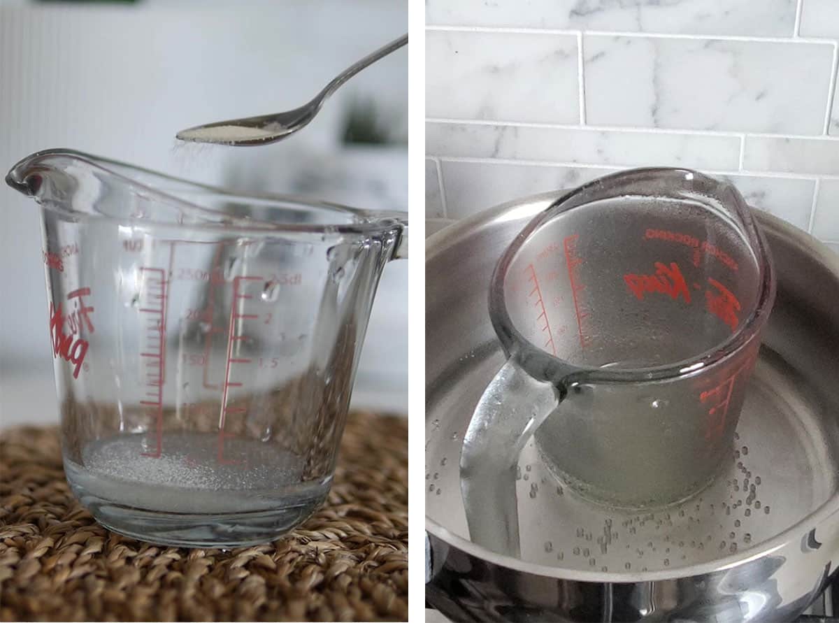 On left a spoon is sprinkling gelatin into a measuring cup filled with a bit of water, on right is the cup in a pot of hot water. 