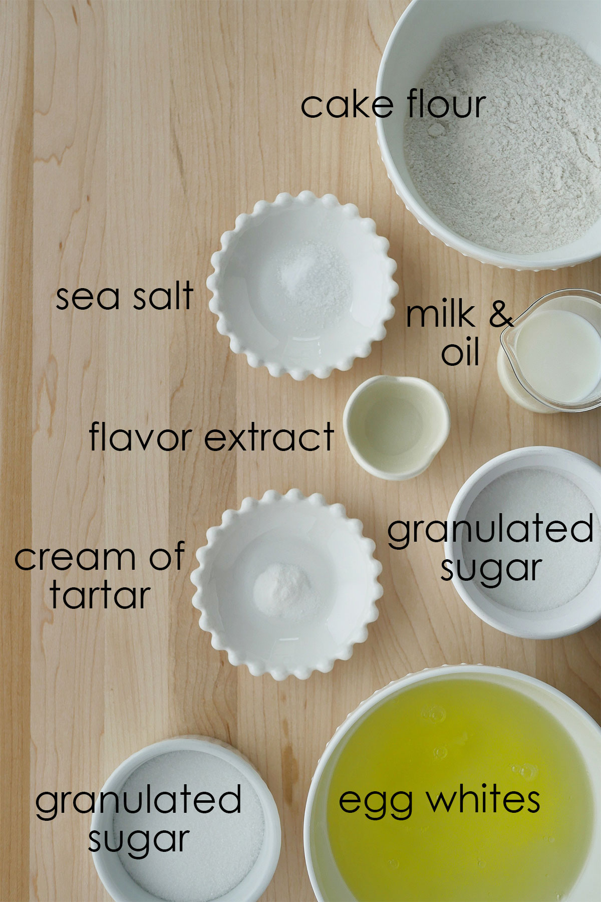 Ingredients for tiger cake roll laid out on a wooden counter top. 
