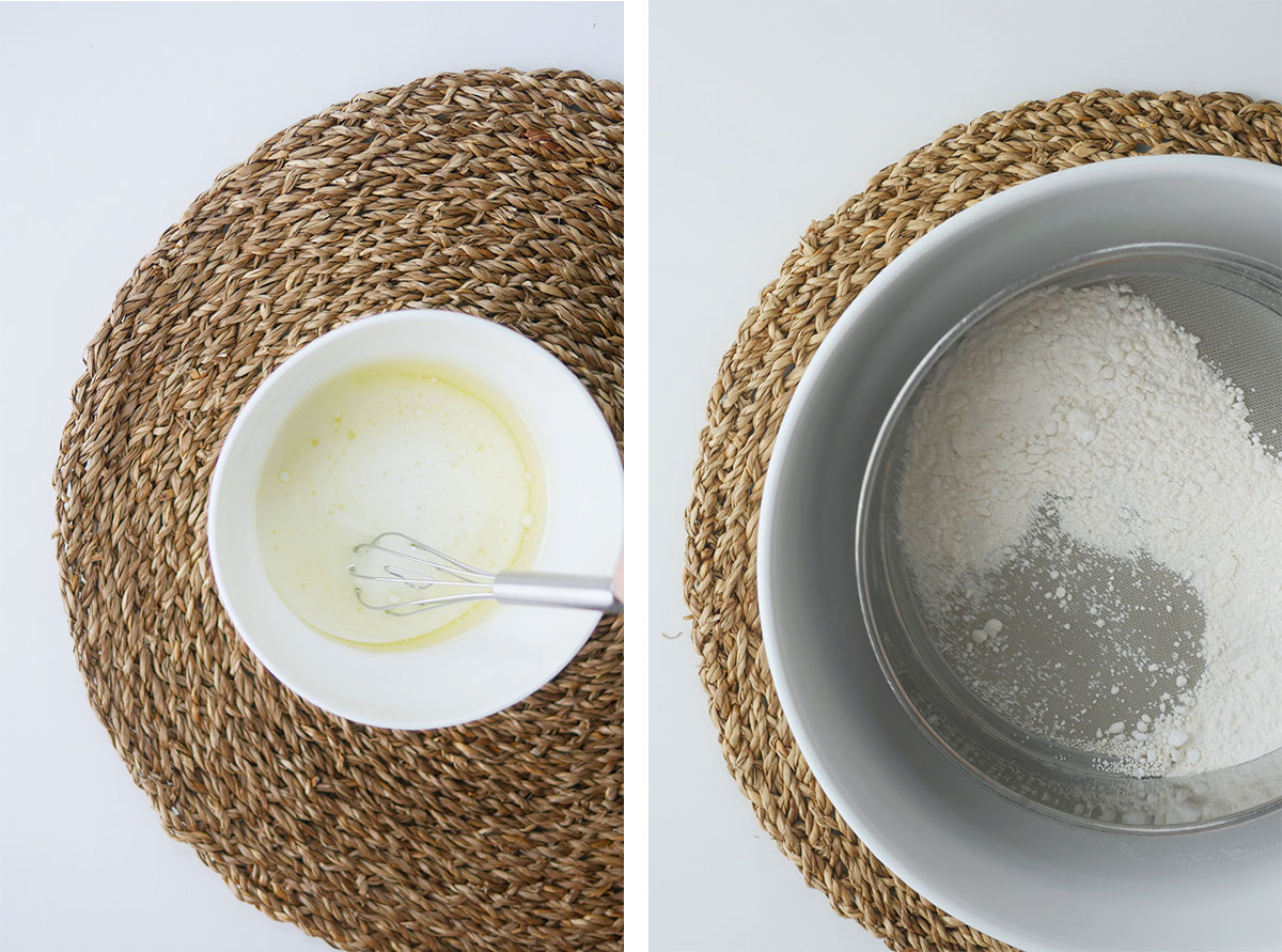 Flour being sifted and a bowl of wet ingredients with a spatula inside. 