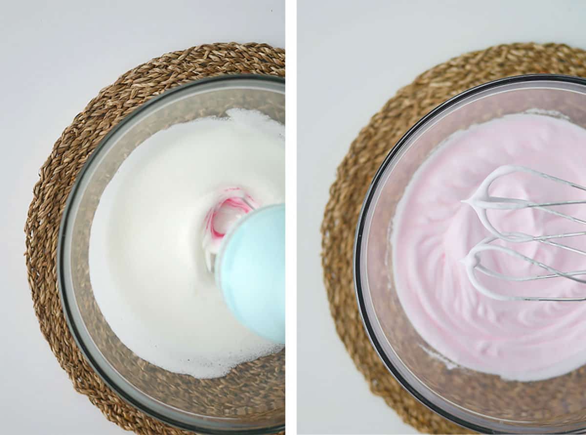 On left, pink food color is added to white meringue being whipped, on right the beaters are pulled out and shows meringue at stiff peaks stage. 
