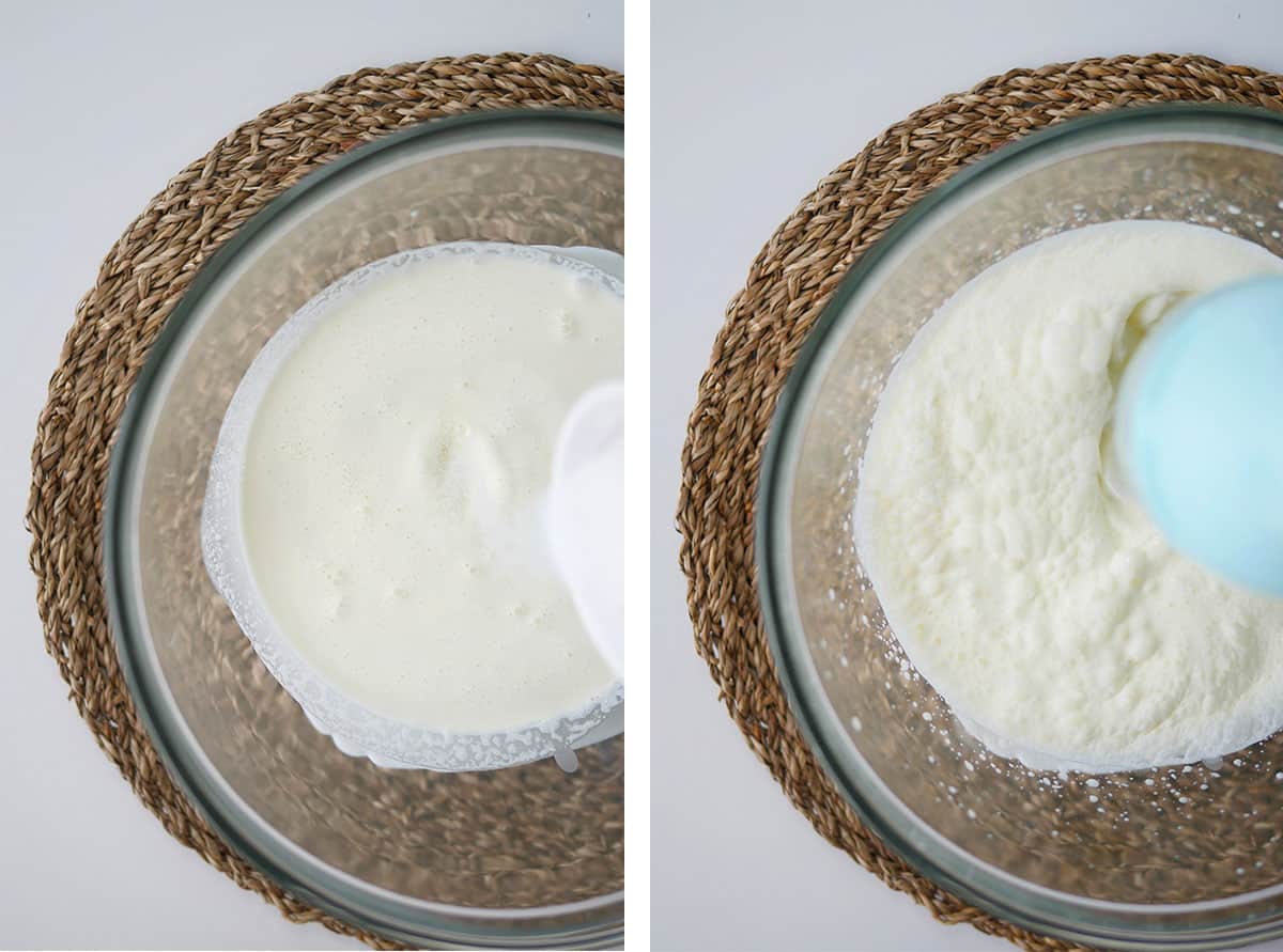 On left sugar is being poured into cream, on right bubbles are forming inside cream as it is being whipped. 