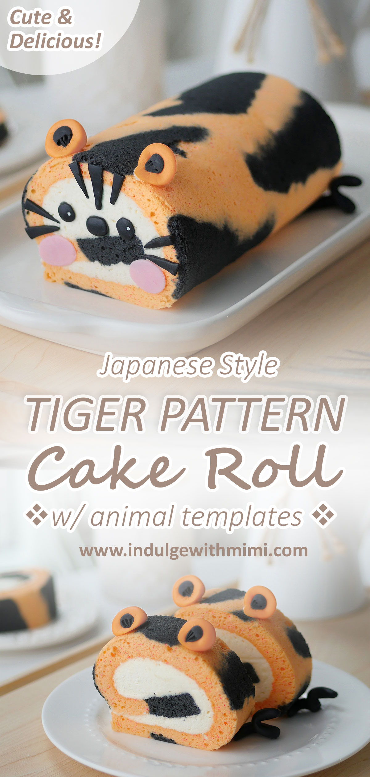 Tiger pattern cake roll on a long plate decorated with a tiger face. 
