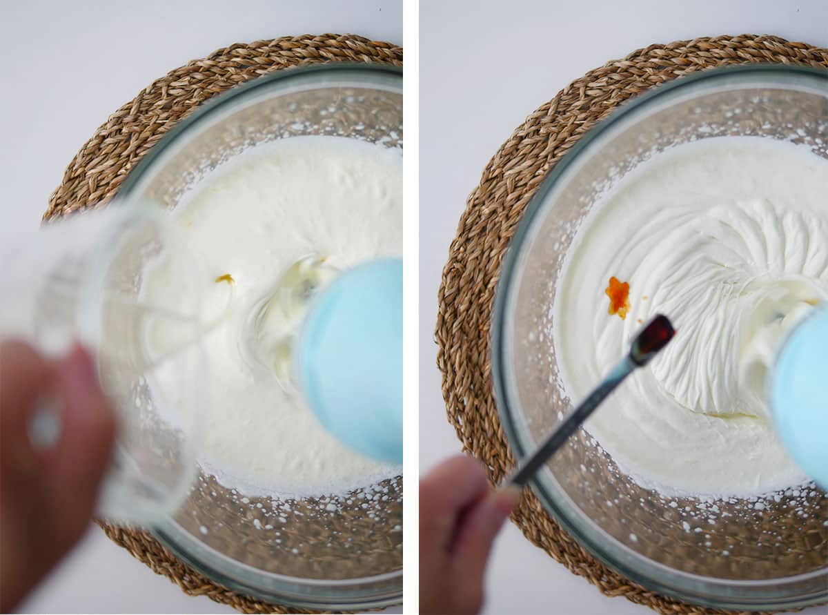 On left gelatin is being poured inside cream being whipped, on right vanilla is being added to cream. 