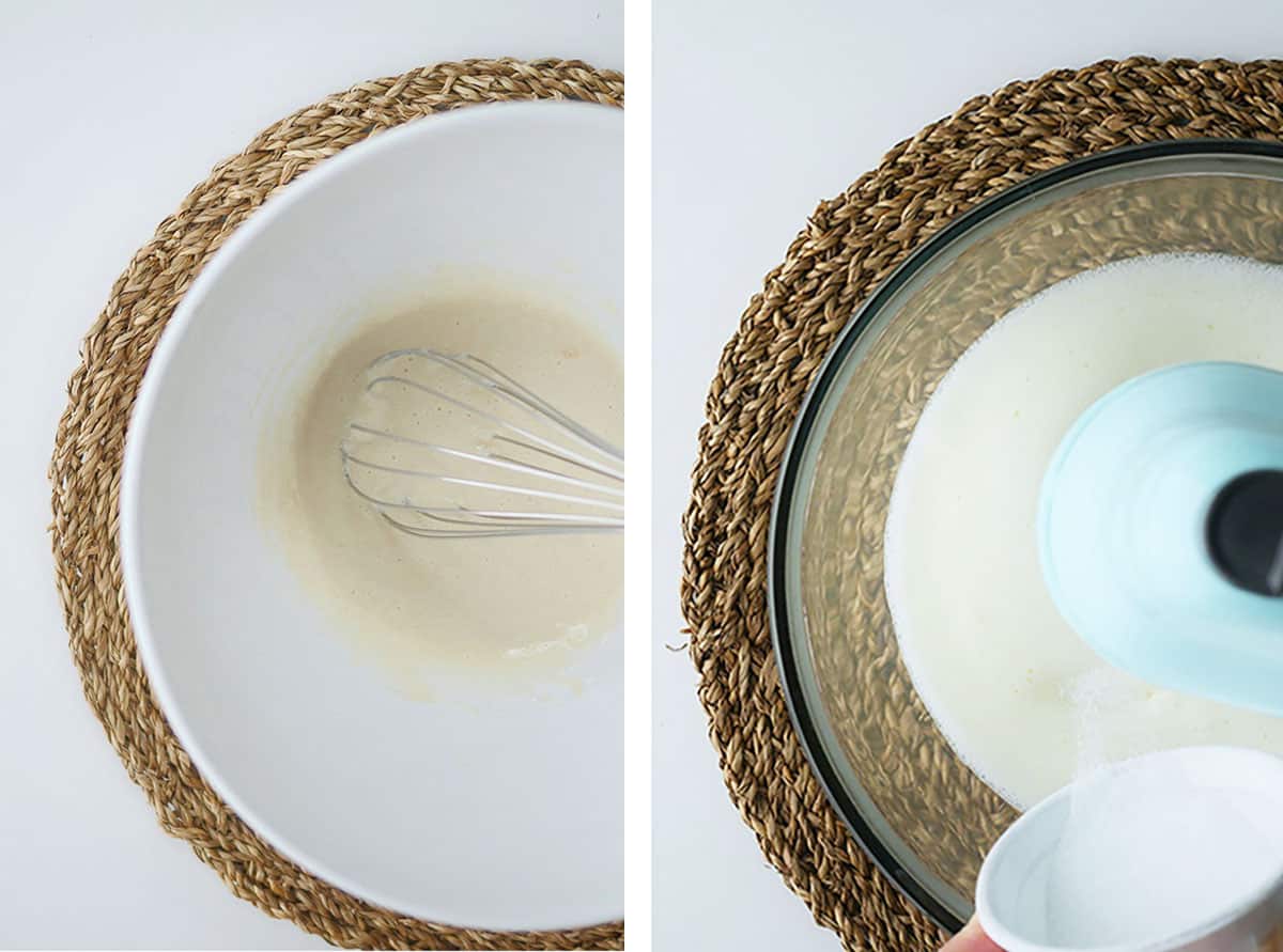 On left, wet flour mixture in a bowl. On right, egg whites being whipped in a clear bowl. 