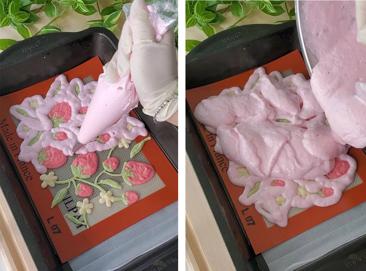 Pink batter being piped and poured into a cake pan already filled with a silicone mat piped with strawberry design. 