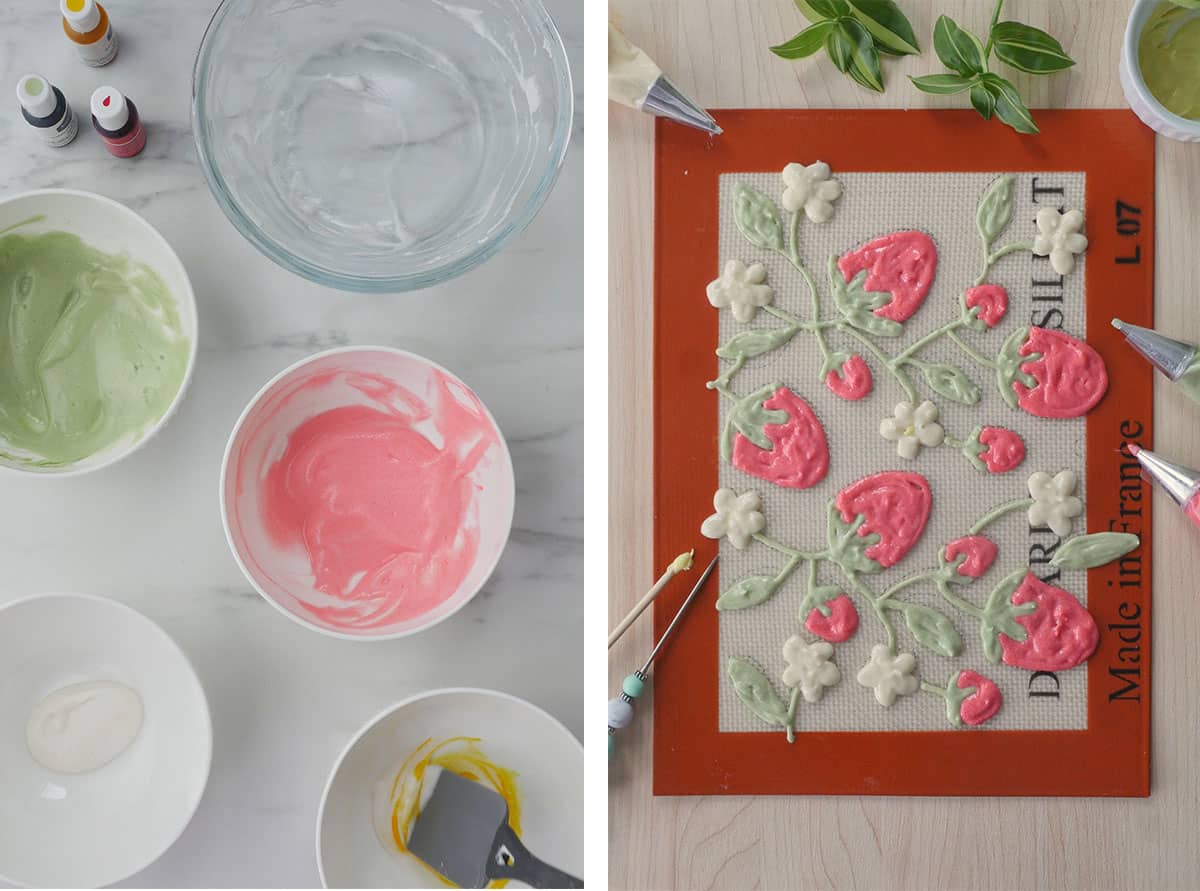 On left, pattern paste being mixed with food color. On right, pattern paste piped onto a silicone mat. 