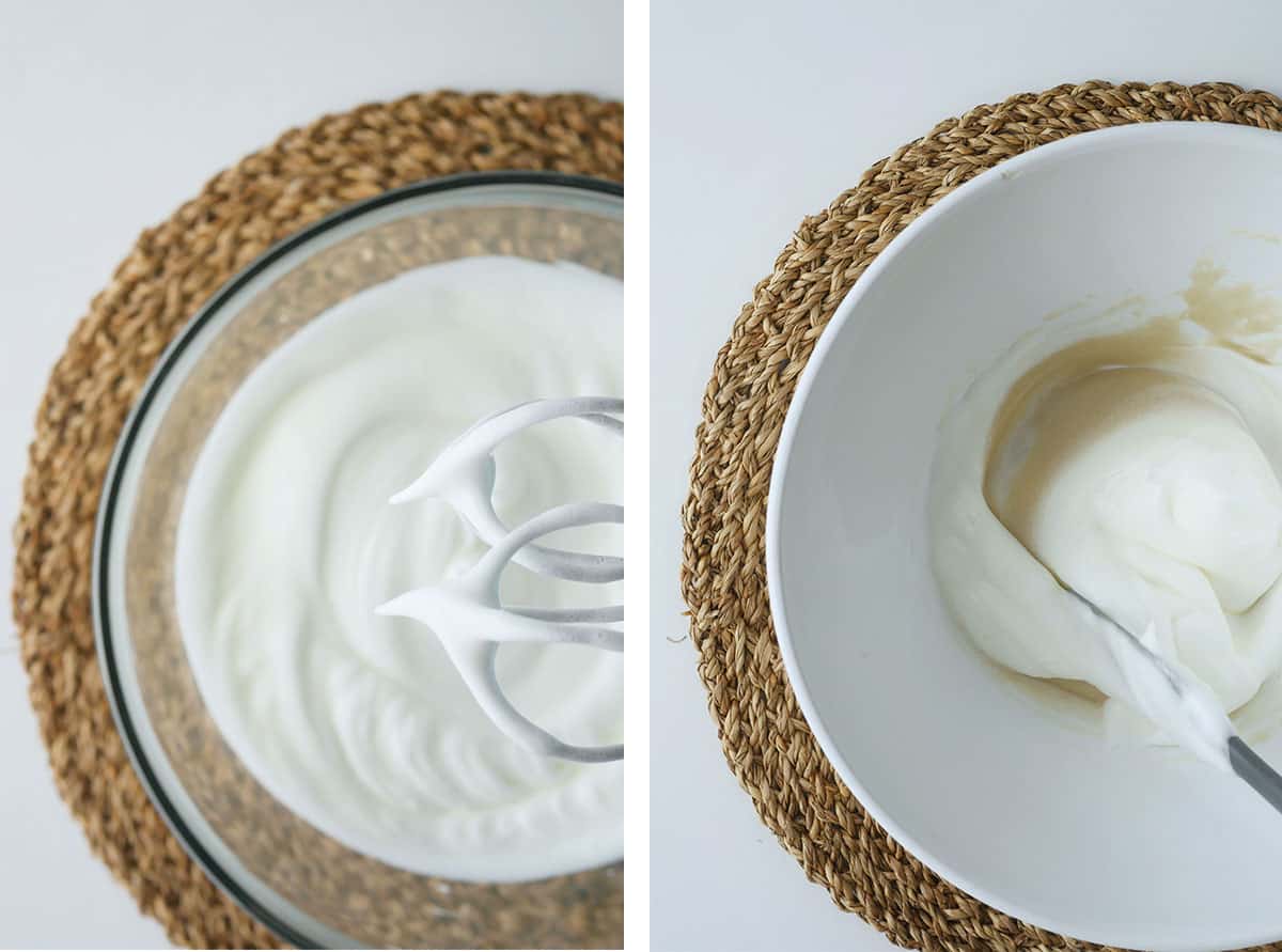 Egg whites are shown to be whipped to stiff peaks with the points pointing upwards on the whisk. In a separate bowl, the meringue is being added to the wet flour batter. 