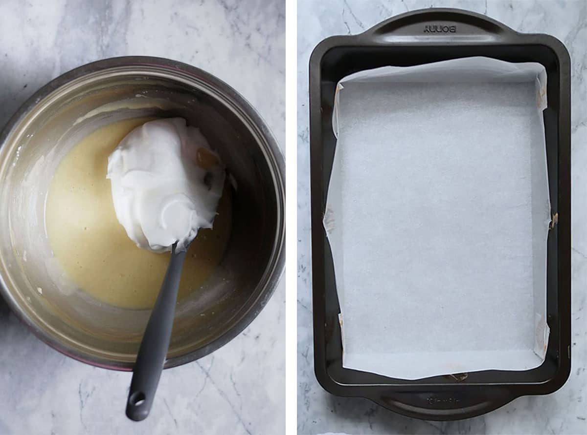 Meringue on a spatula in cake batter and parchment paper in an empty cake pan.