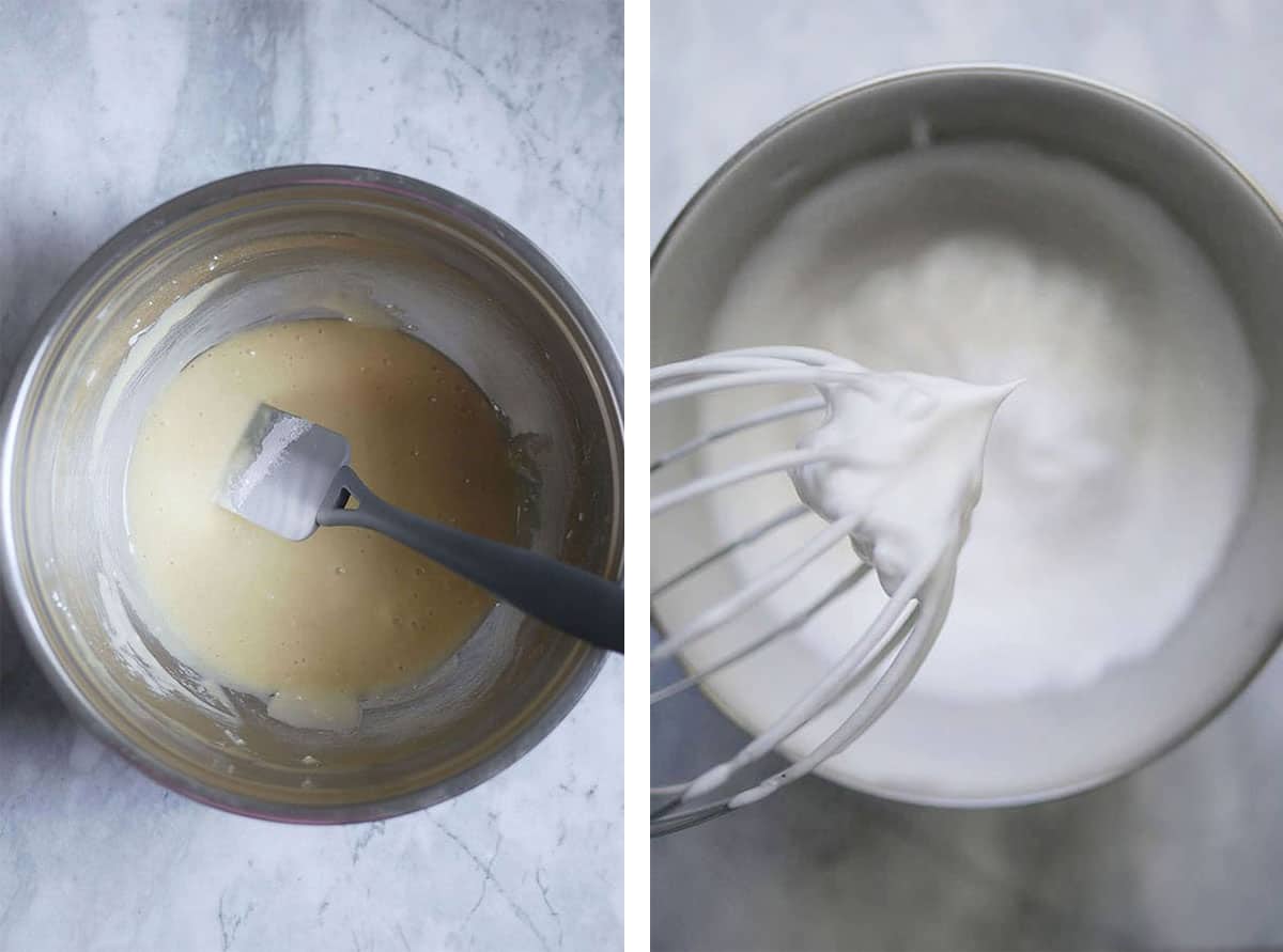 Cake batter in a stainless steel mixing bowl and meringue clumped inside a whisk in the stiff peak stage. 