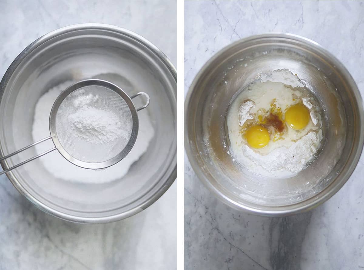 Sifted flour inside a bowl and Egg yolk, vanilla, salt, flour, milk inside a stainless steel mixing bowl.