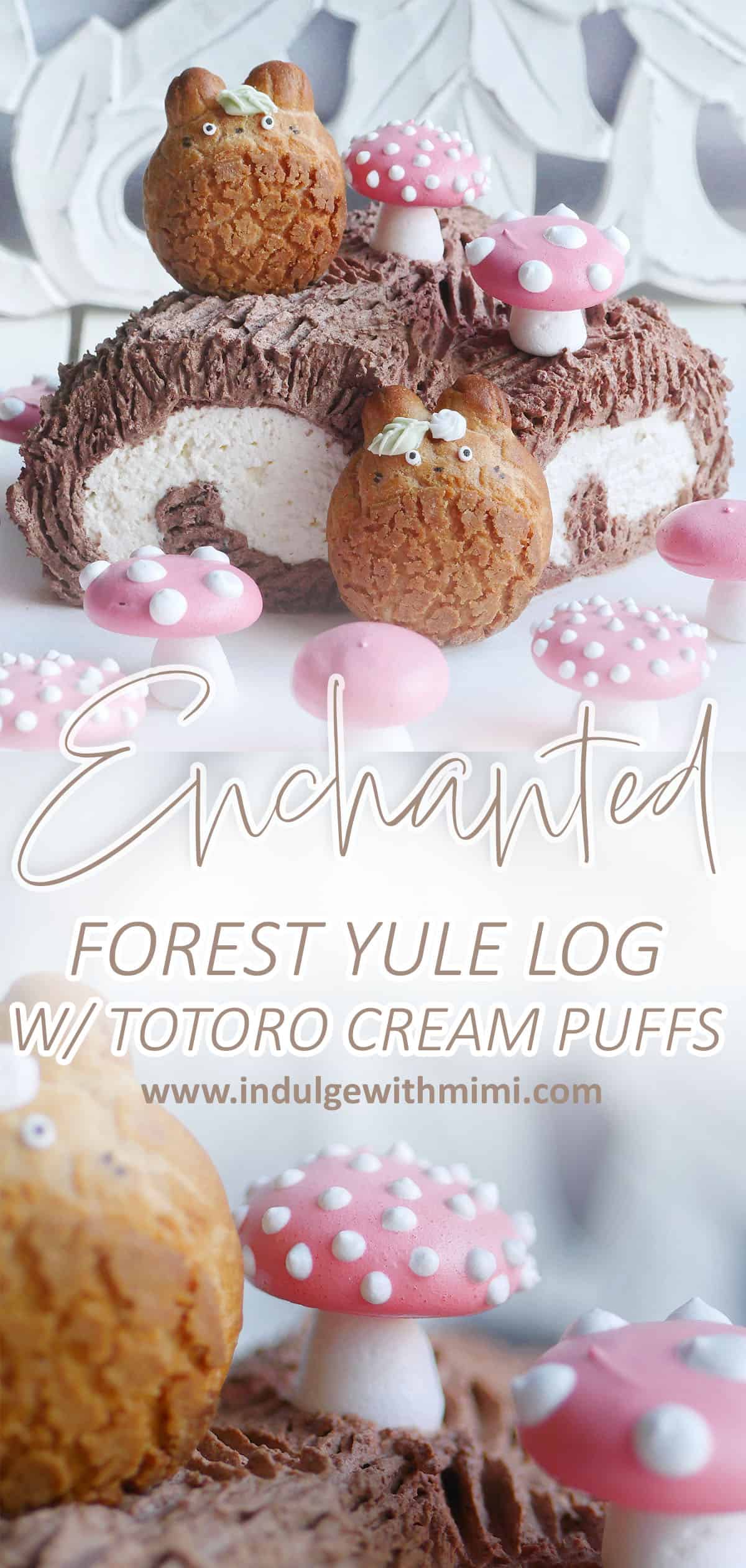 Enchanted Forest yule log with Totoro cream puffs on the side. 