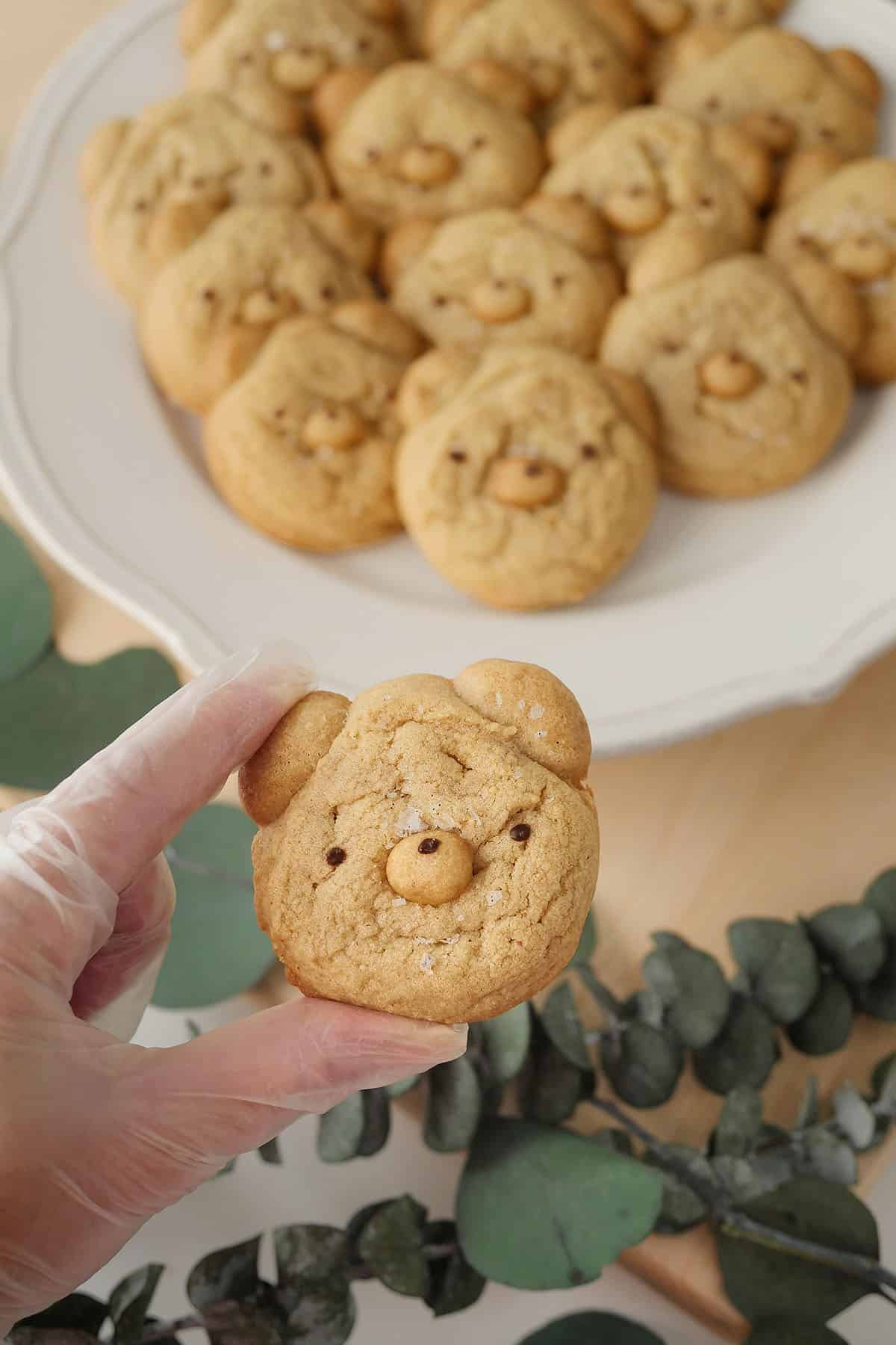 Hand holding single bear cookie with a plate of cookies in the background. 