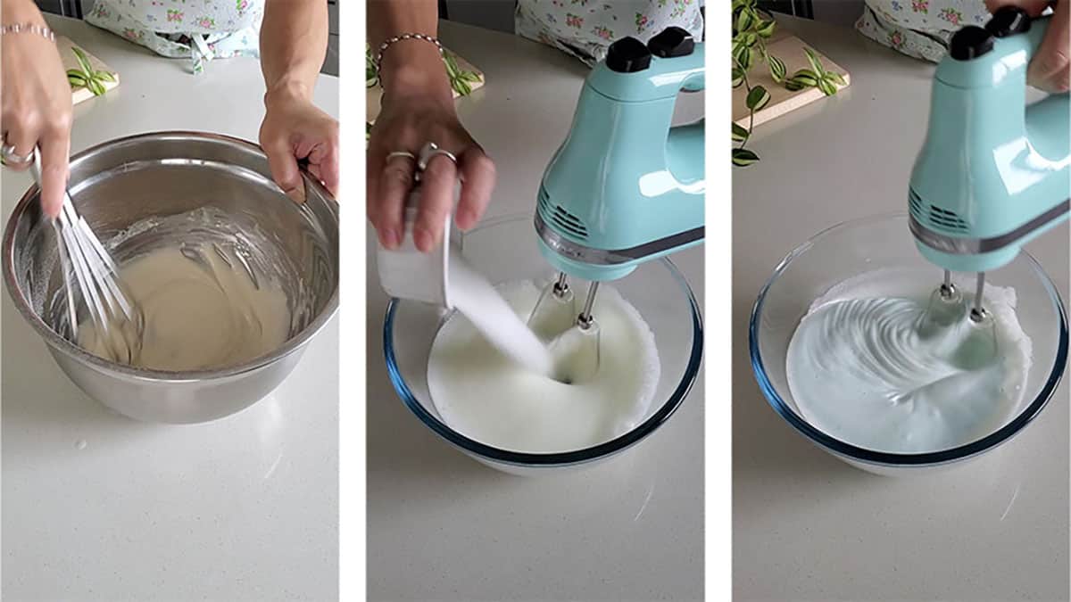 Sugar is being added to egg whites to make a meringue. 