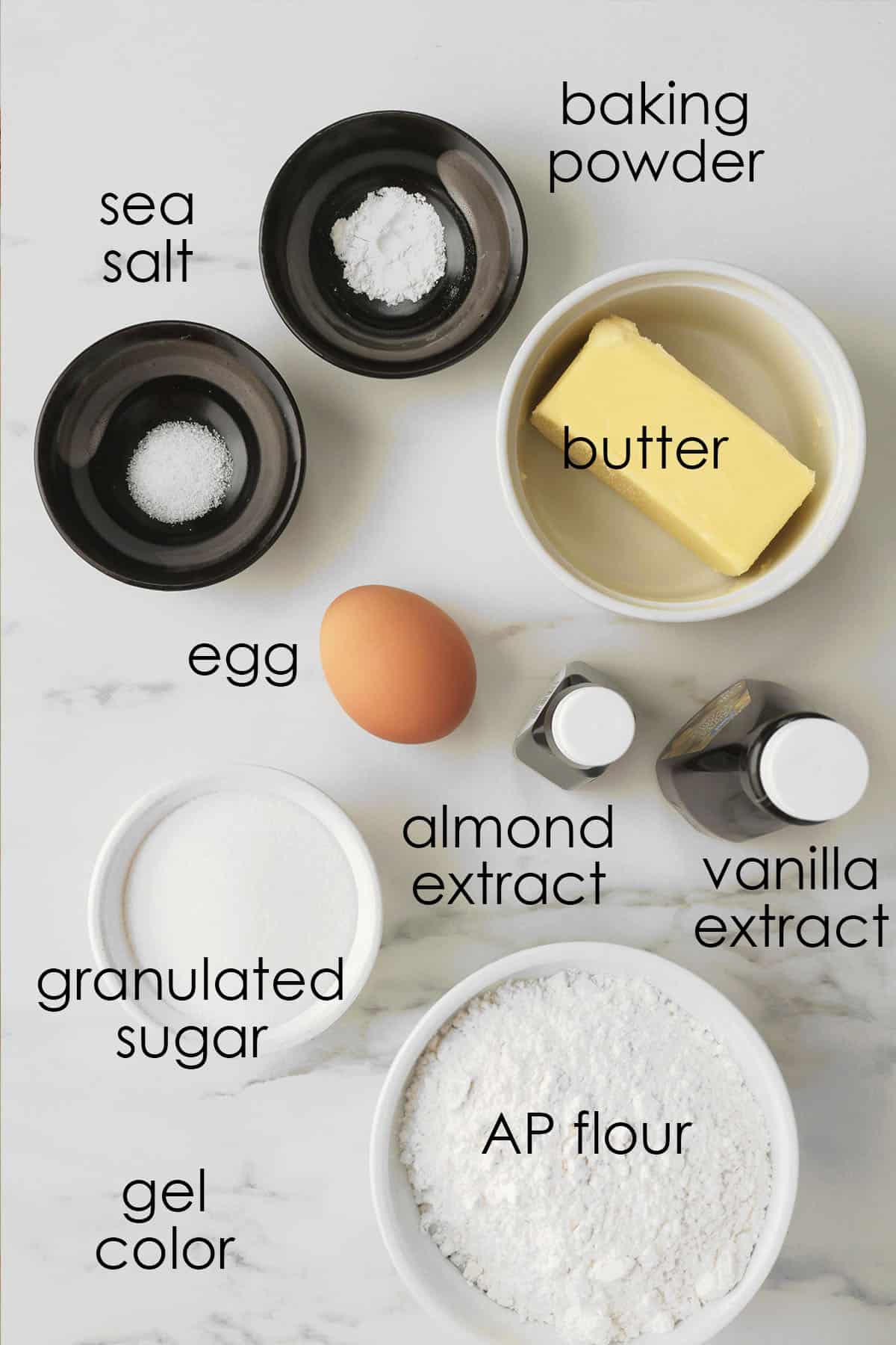 Ingredients for marbled cookie dough laid out on a counter. 